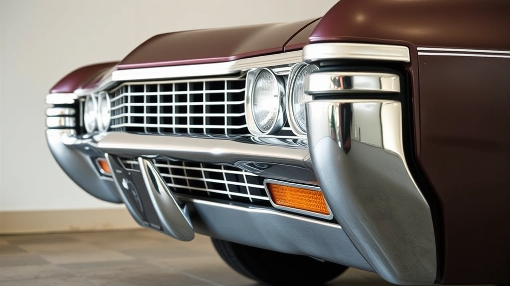 Close-up of classic 1967 Chevrolet Impala's distinctive front grille and chrome bumper detail, showing iconic design elements and pristine finish quality against neutral background