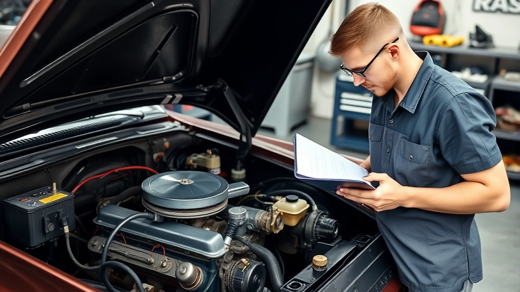 Professional mechanic performing detailed inspection of classic car engine compartment, examining engine components and fluid levels with diagnostic tools and clipboard