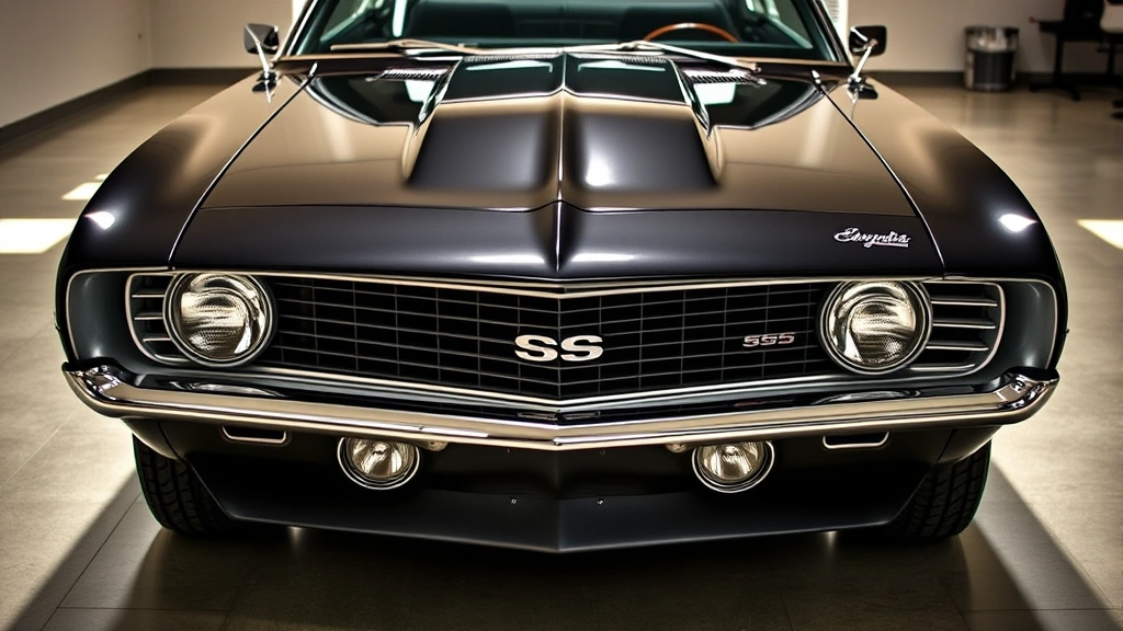 1969 Chevrolet Camaro SS in pristine condition, front three-quarter view, glossy paint reflecting sunlight, professional automotive photography, showroom quality lighting, no people visible