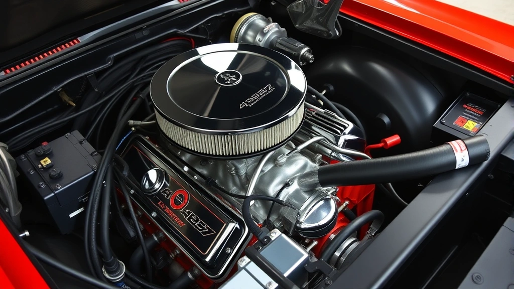 Close-up detail of 1969 Camaro engine bay showing original 427 big-block engine with chrome components and factory specifications, overhead lighting, technical documentation style photography