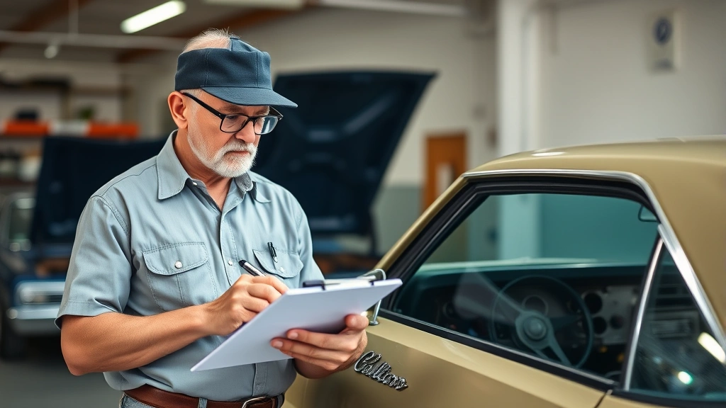 Collector examining 1969 Camaro with professional inspection tools and clipboard, documenting condition assessment, hands-on evaluation of vehicle panels and components, professional automotive setting