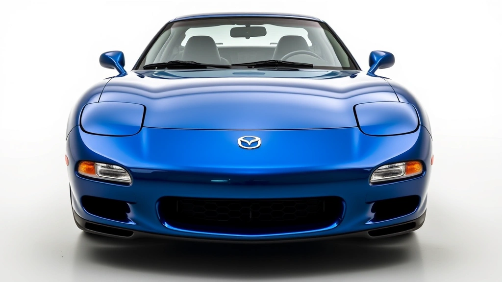 Professional studio photograph of 1995 Mazda RX7 FD generation sports car in metallic blue, showcasing sleek aerodynamic body lines, pop-up headlights, and distinctive rotary-engine hood design from three-quarter front angle, pristine condition, showroom lighting