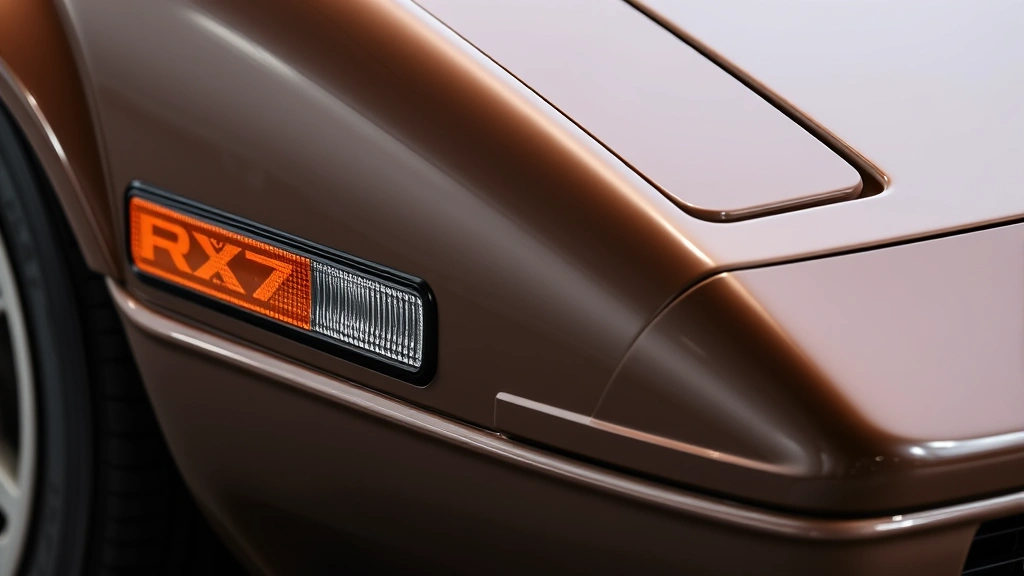 Close-up detail shot of classic Mazda RX7 exterior highlighting factory paint quality, chrome trim details, and aerodynamic body panel craftsmanship, professional automotive photography lighting emphasizing condition and originality