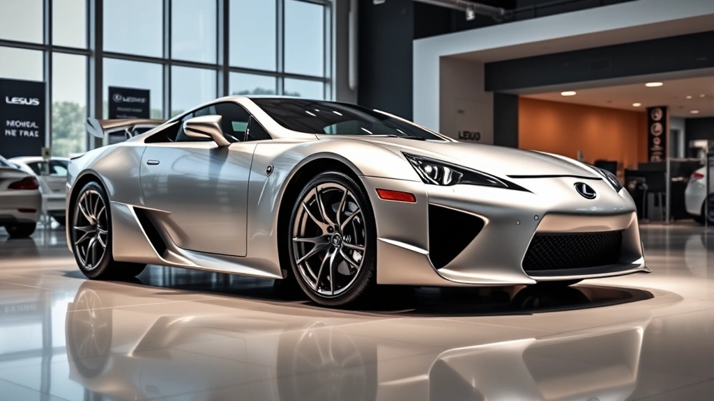 High-angle view of a pristine silver 2012 Lexus LFA supercar photographed in a modern dealership showroom with professional lighting, emphasizing the iconic wedge-shaped profile and sculpted bodywork details without any visible signage or text