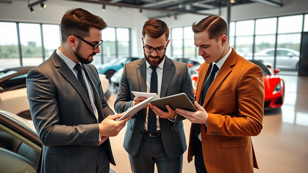 Close-up of a luxury exotic car dealership interior featuring well-dressed sales professionals reviewing vehicle documentation and digital tablets with clients in a sophisticated, minimalist office environment with large windows