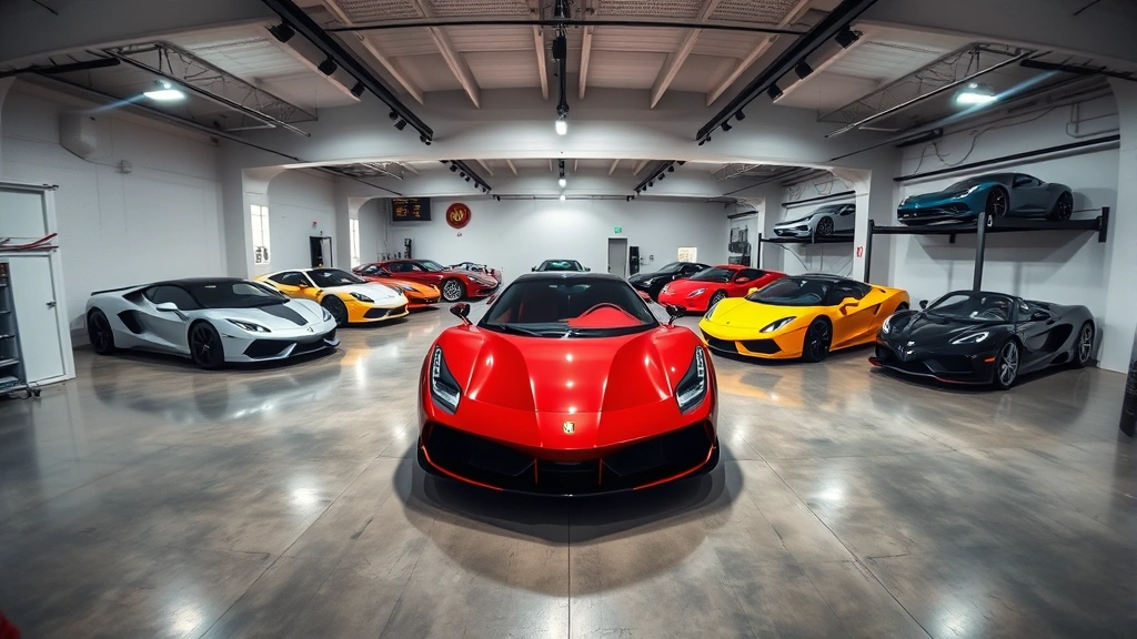 Wide-angle view of multiple exotic supercars displayed in a climate-controlled collector vehicle storage facility with polished concrete floors and professional track lighting, showing premium automotive preservation practices