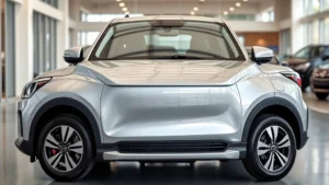 Professional luxury compact SUV photographed from three-quarter front angle in silver metallic paint, modern dealership setting with blurred background, natural daylight, high-quality automotive photography, clean and polished exterior
