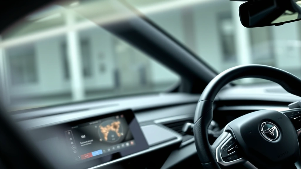 Close-up detail of modern vehicle dashboard and infotainment system with touchscreen display, leather steering wheel visible, contemporary automotive interior design, professional product photography style