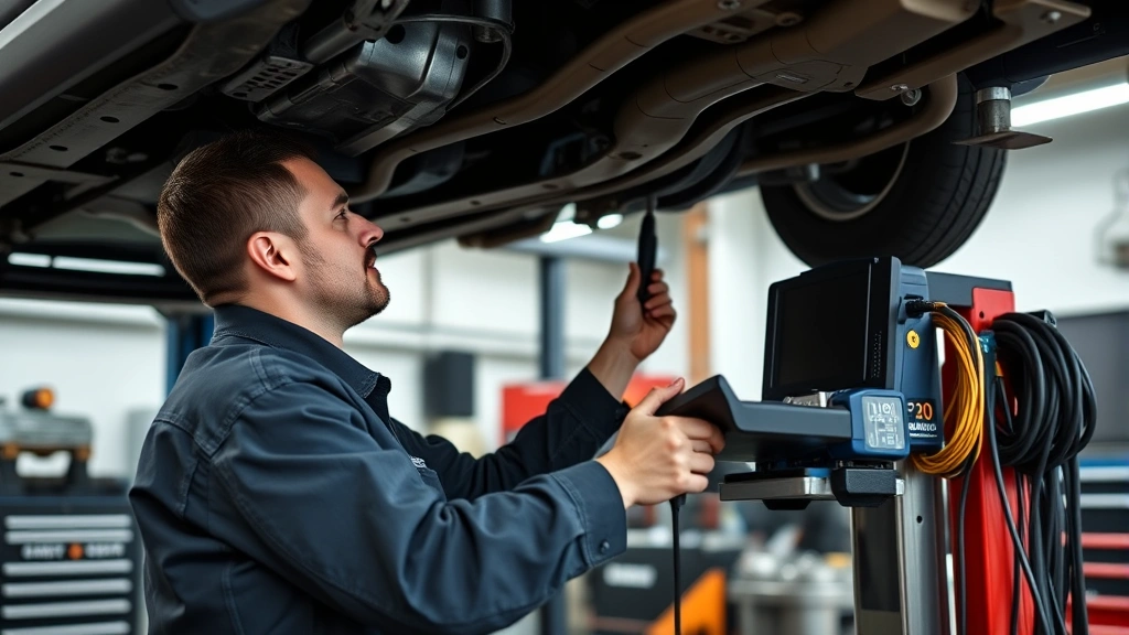 Mechanic performing detailed vehicle inspection, checking under vehicle with diagnostic equipment, professional garage setting with proper lighting, technical automotive service environment, focus on quality maintenance work