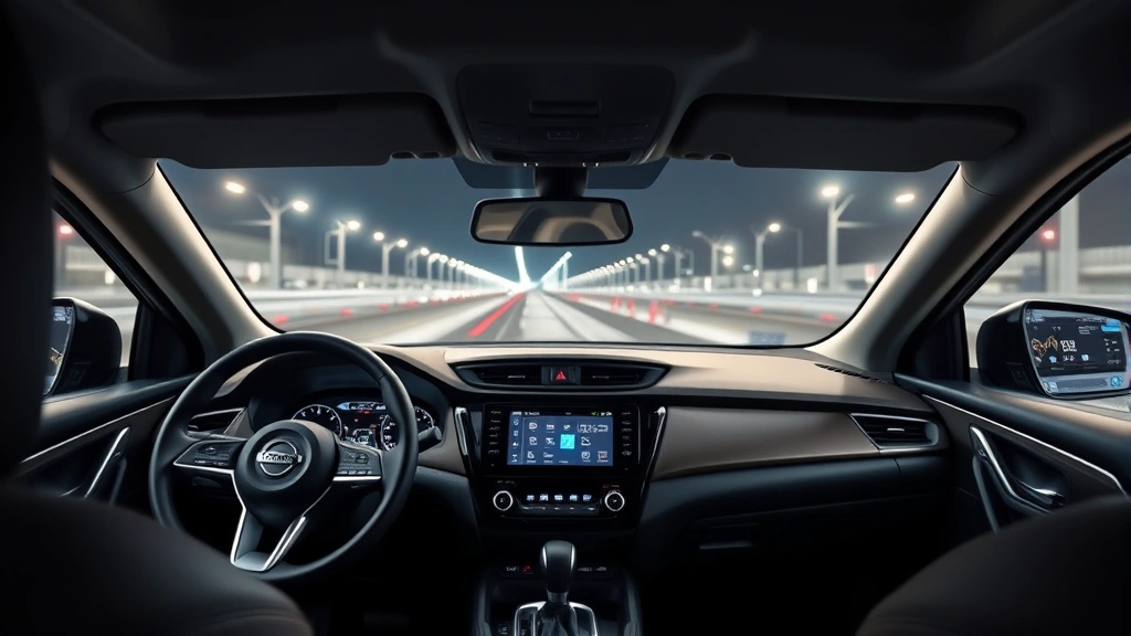 Detailed close-up of 2020 Nissan Rogue dashboard showing modern infotainment system, steering wheel, and interior technology features with professional automotive photography lighting