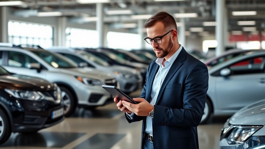 Dealership manager reviewing inventory data on tablet device while standing in lot with multiple vehicles visible, professional business attire, focused on retail management operations