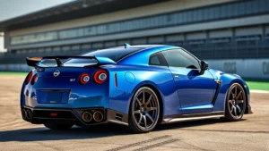Professional photograph of a 2024 Nissan GT-R in metallic blue, positioned at three-quarter angle on a modern concrete track or racing facility, bright daylight, sleek sports car design emphasizing aggressive aerodynamics and performance stance
