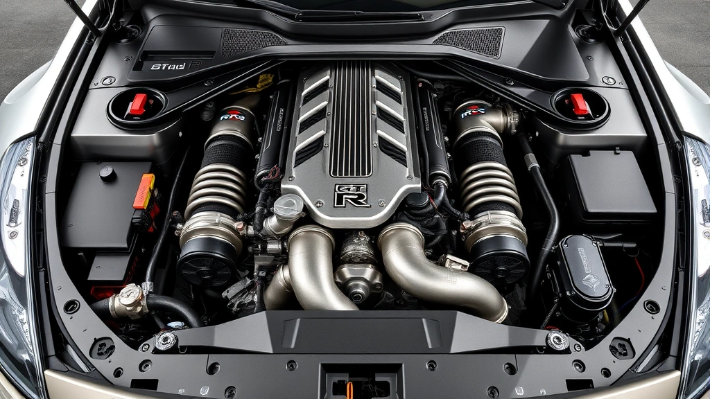 High-quality image showing GT-R twin-turbocharged V6 engine bay with visible turbochargers and engine components, professional automotive photography style, clean and well-lit mechanical details highlighting engineering sophistication