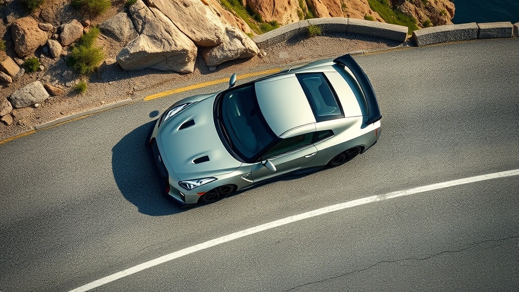 Overhead aerial shot of a 2024 Nissan GT-R on a mountain road with dramatic curves, showcasing the vehicle's compact footprint and aggressive design proportions, natural lighting emphasizing the performance car's visual presence