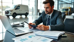 Professional businessman reviewing truck specifications and pricing documents at dealership desk with laptop, calculator, and market research papers visible, natural lighting