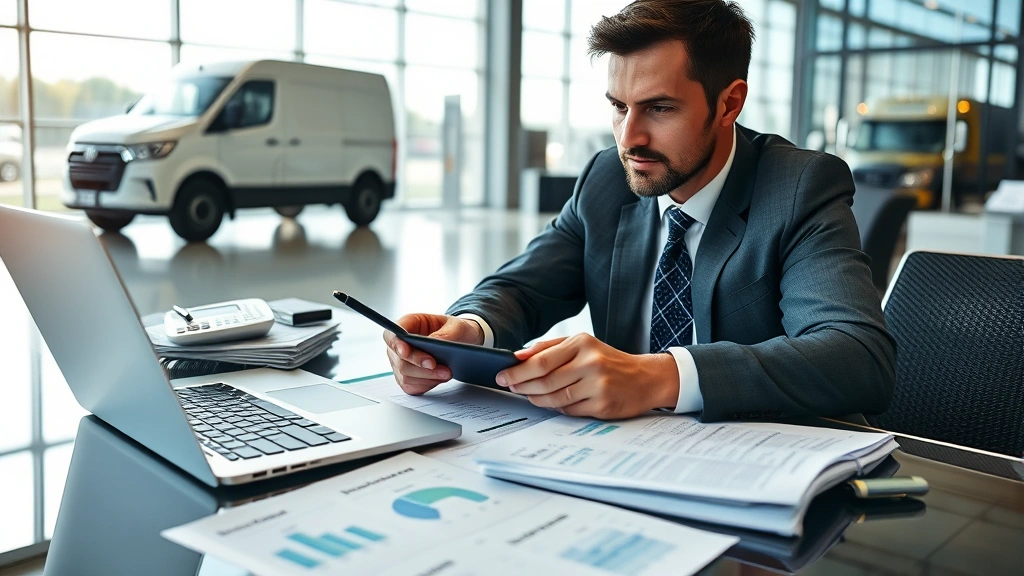 Professional businessman reviewing truck specifications and pricing documents at dealership desk with laptop, calculator, and market research papers visible, natural lighting