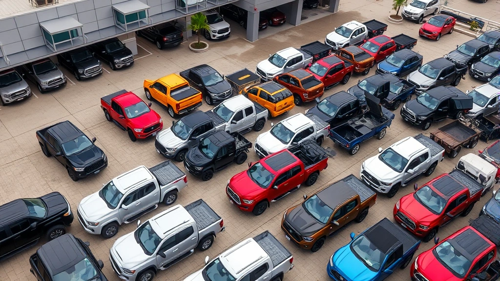 Overhead view of diverse truck inventory lot showing multiple 2024 Tacoma models in different colors lined up, modern dealership facility, daytime photography