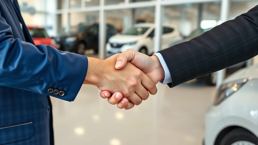 Close-up of automotive salesperson and customer shaking hands after successful vehicle negotiation, both smiling, dealership showroom background with trucks visible through windows