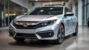 2025 Honda Civic sedan in silver exterior, parked in modern dealership showroom with professional lighting, front three-quarter view showing sleek design and contemporary styling