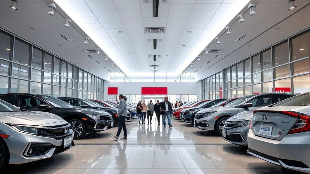 Inside Honda dealership showroom with multiple 2025 Civic vehicles displayed under bright LED lighting, customers walking between vehicles, modern minimalist interior design with glass and steel accents