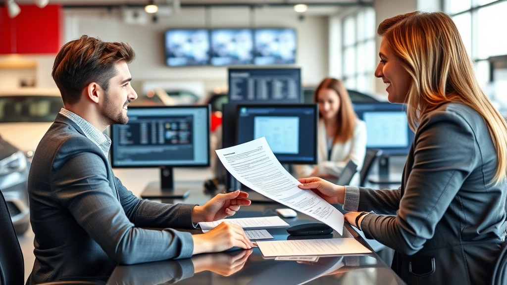 Automotive sales consultant presenting vehicle financing documents and paperwork to customer couple at dealership desk, professional office setting with computer monitors showing inventory and pricing information