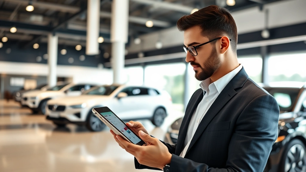 Professional businessman reviewing vehicle specifications on tablet computer in modern dealership showroom with luxury vehicles displayed in background