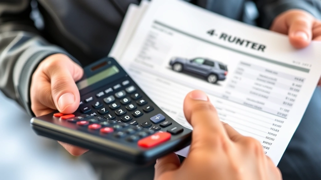 Close-up of hands holding automotive pricing documents and calculator with 4Runner vehicle specifications visible, financial planning context