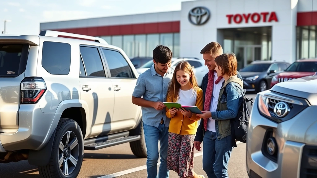 Young family examining new Toyota 4Runner SUV in dealership lot during daytime, outdoor setting with clear weather