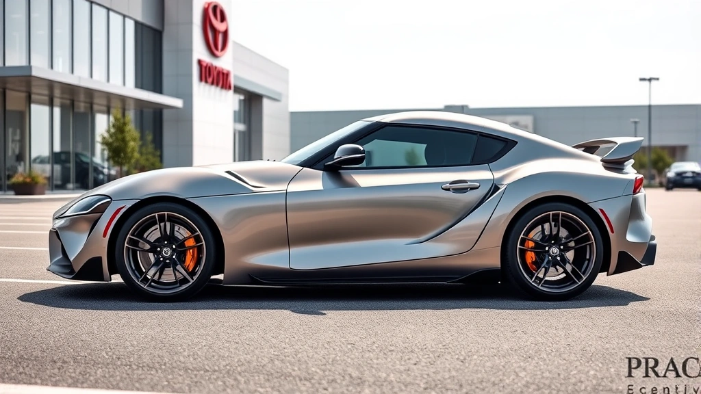 Professional photograph of metallic 2025 Toyota GR Supra sports car parked on modern dealership lot with contemporary architecture, daytime, sharp focus on vehicle's sleek design and aerodynamic lines, clean bright background