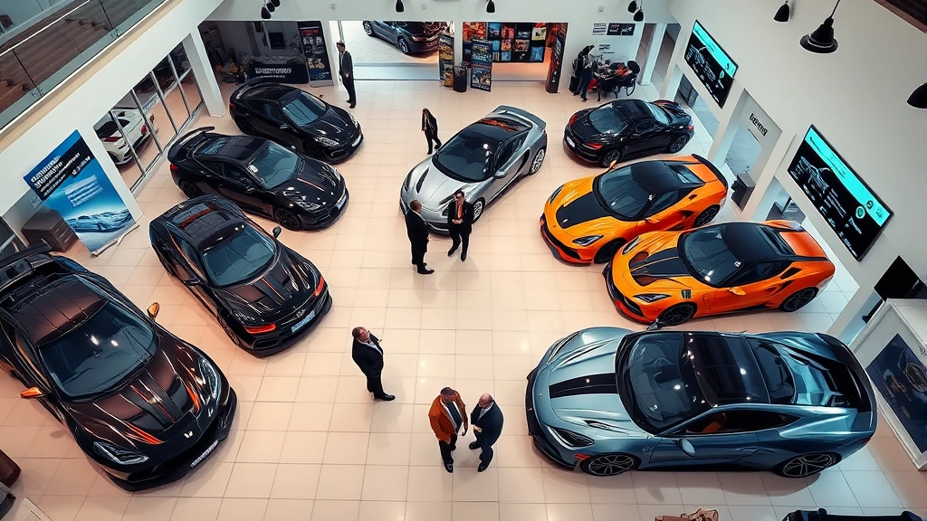 Overhead view of automotive dealership showroom interior featuring multiple luxury sports cars on polished floor with professional lighting, sales consultants in business attire interacting with customers, modern digital displays showing vehicle specifications