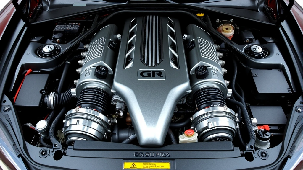 Close-up detailed photograph of GR Supra turbocharged engine bay showing inline-six engine components, chrome accents, and technical specifications, professional automotive photography studio lighting, no text or labels visible