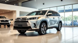 Professional product photography of a silver 2025 Toyota Highlander parked in modern dealership showroom with LED lighting, three-quarter front angle view, pristine condition, family-friendly appeal, photorealistic automotive imagery