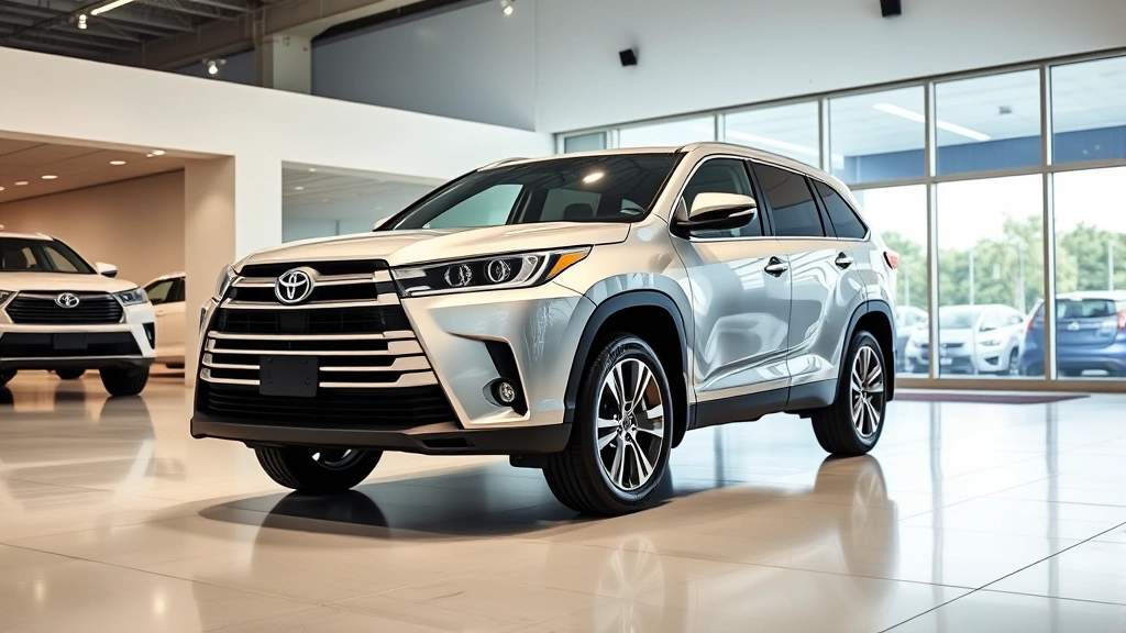 Professional product photography of a silver 2025 Toyota Highlander parked in modern dealership showroom with LED lighting, three-quarter front angle view, pristine condition, family-friendly appeal, photorealistic automotive imagery