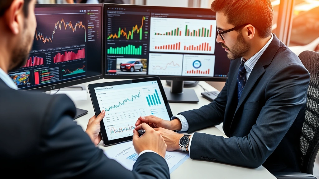 Business professional analyzing vehicle data on tablet computer at desk with market charts and pricing reports visible on monitors, representing automotive market research and consumer insights analysis