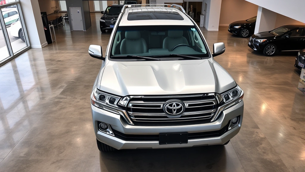 Overhead view of silver 2025 Toyota Land Cruiser parked in modern dealership showroom with polished concrete floors, professional lighting highlighting vehicle design, no visible signage or text