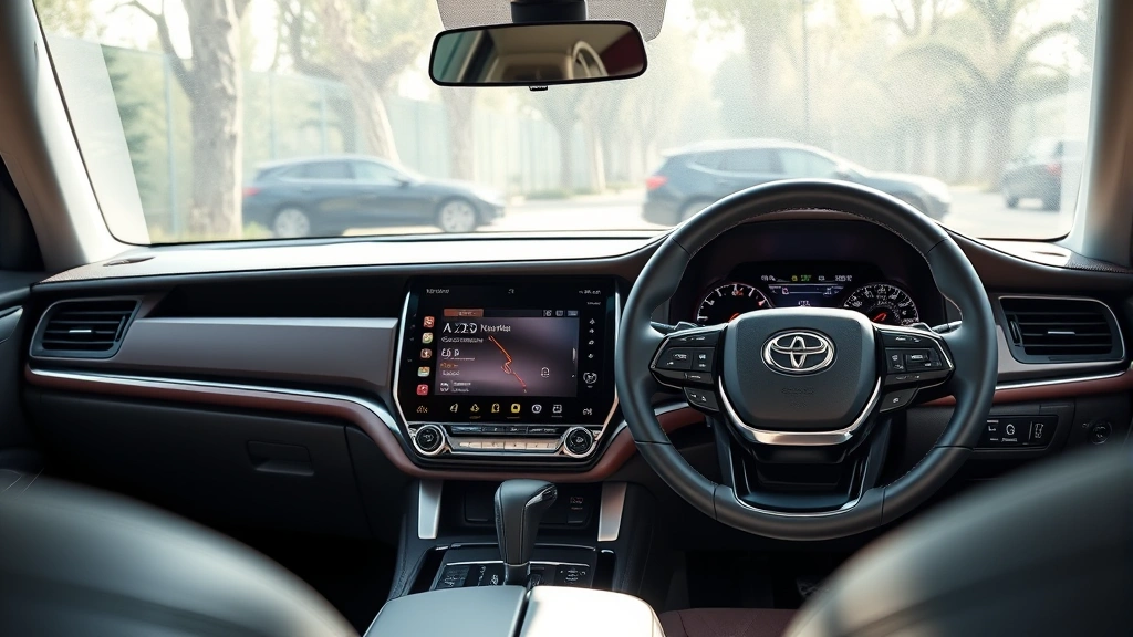 Close-up of 2025 Land Cruiser's advanced dashboard and steering wheel featuring touchscreen display and digital instrument cluster, showing interior luxury materials and technology, natural daylight through windshield