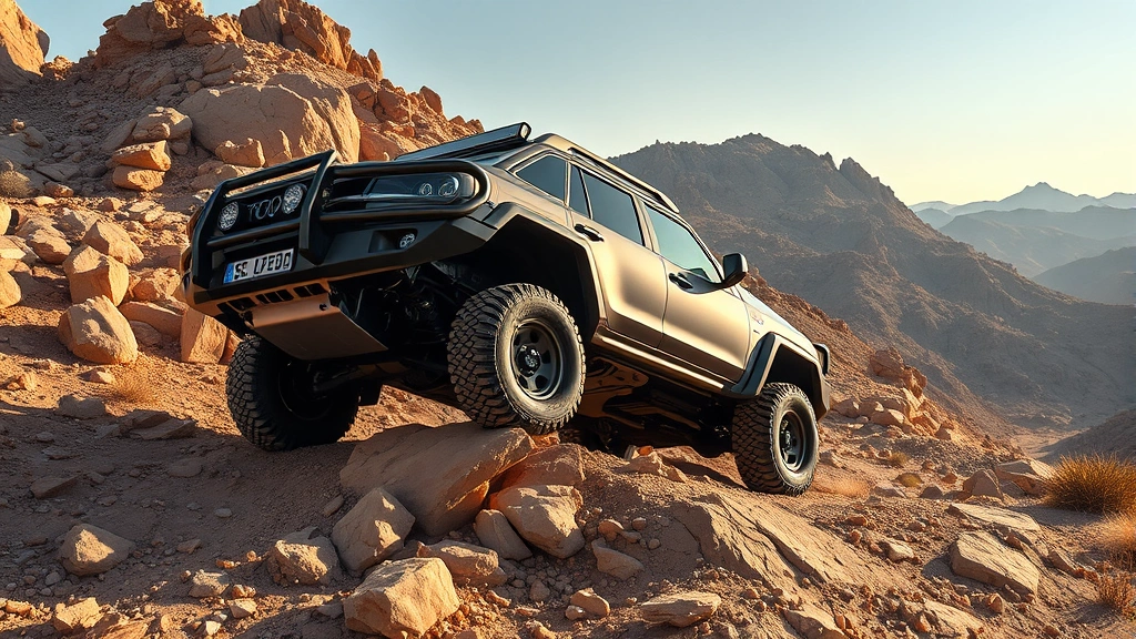 2025 Land Cruiser navigating rocky mountain terrain during daytime, demonstrating off-road capability with suspension articulation visible, desert landscape background, vehicle shown from three-quarter angle