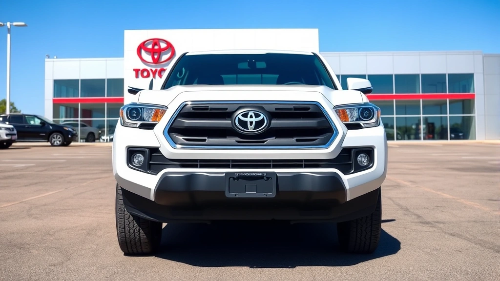 Professional photograph of a 2025 Toyota Tacoma truck parked at a modern dealership lot, showing the vehicle's front three-quarter angle with clear detail of the grille, headlights, and truck bed, bright daylight with blue sky background