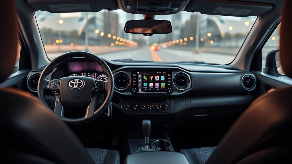 Interior dashboard view of 2025 Toyota Tacoma showing the touchscreen infotainment system, steering wheel, and modern technology features, clean professional automotive photography with warm interior lighting