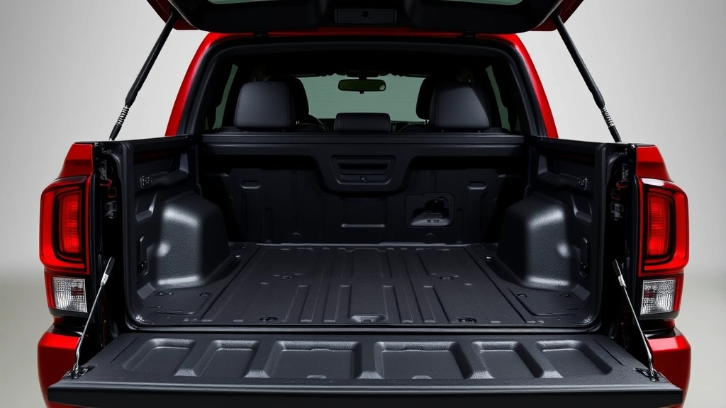 Close-up detail shot of a 2025 Toyota Tacoma's truck bed and cargo area, showing the open tailgate and bed liner, professional product photography style with neutral background emphasizing truck utility and cargo capacity