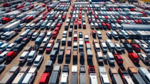 Wide aerial view of massive truck dealership lot with hundreds of pickup trucks and commercial vehicles organized in neat rows under bright daylight, professional automotive retail setting
