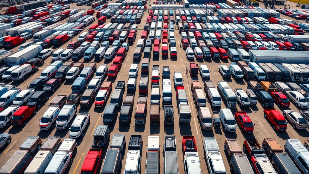 Wide aerial view of massive truck dealership lot with hundreds of pickup trucks and commercial vehicles organized in neat rows under bright daylight, professional automotive retail setting