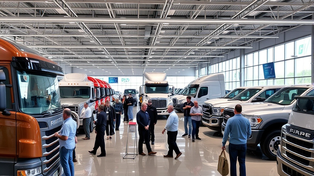 Interior view of busy truck dealership showroom with multiple customers examining vehicles, sales staff assisting, modern facility with digital displays and professional lighting