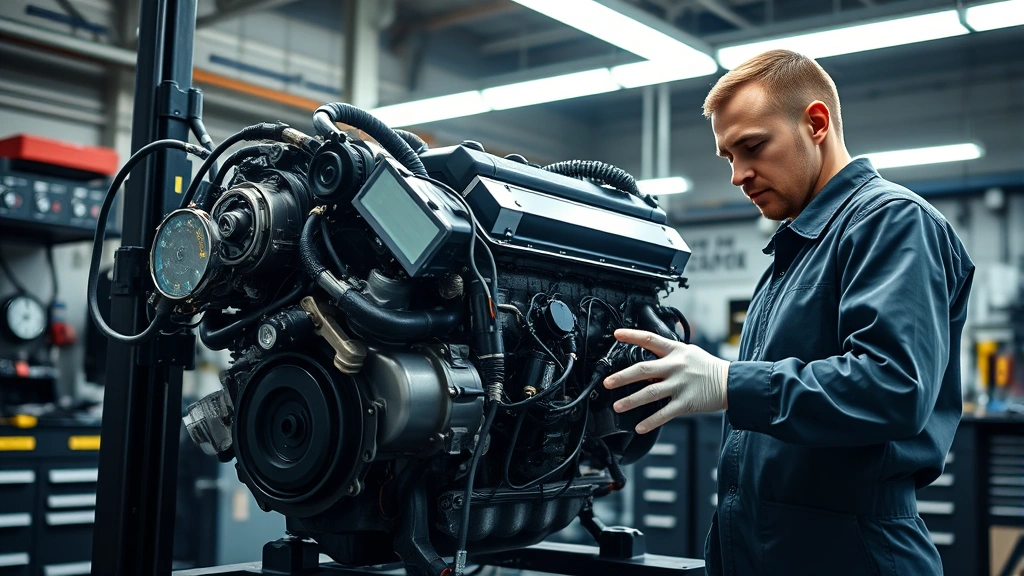 Professional automotive mechanic inspecting a complete Toyota 2JZ engine on a workbench with diagnostic equipment, overhead lighting illuminating engine details, modern workshop environment with precision tools visible