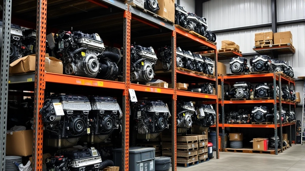 Organized salvage yard inventory section featuring multiple Japanese import engines on metal shelving, proper storage racks, professional facility with organization systems, industrial warehouse setting