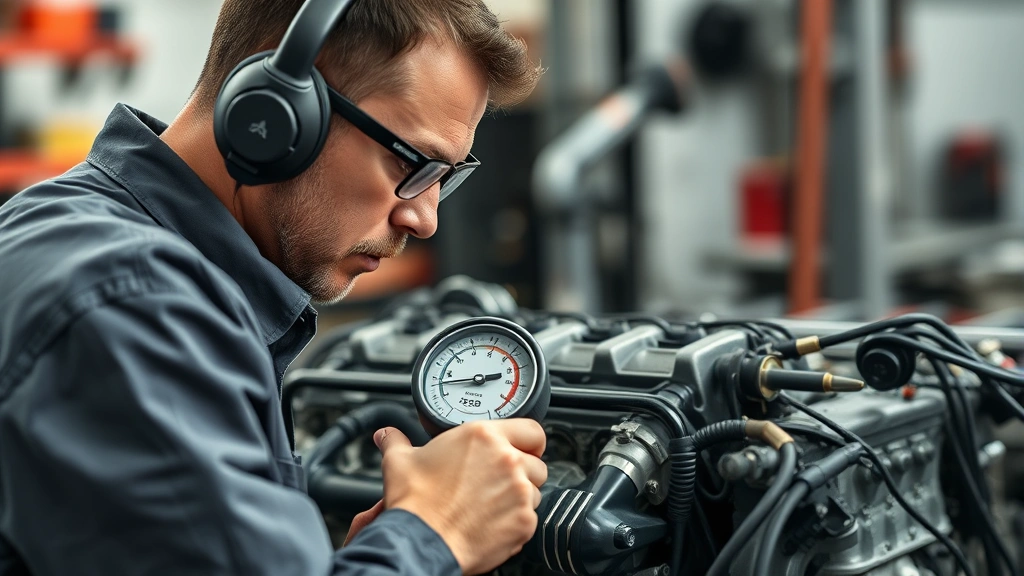 Experienced engine specialist conducting compression testing on a 2JZ engine using professional diagnostic gauge equipment, detailed close-up of testing procedure, technical precision work in automotive shop environment
