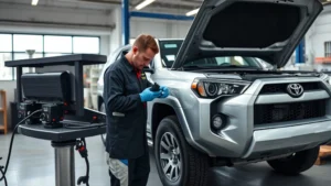 Professional automotive mechanic performing comprehensive vehicle inspection on silver Toyota 4Runner in modern shop, using diagnostic equipment and tools