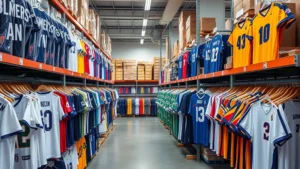 Professional e-commerce warehouse with organized shelving displaying authentic sports jerseys in plastic sleeves and hanging racks, professional lighting, clean and organized retail environment, no signage or text visible