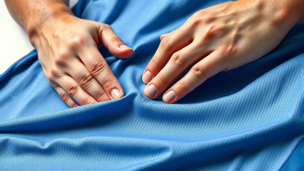 Close-up detail shot of hands examining authentic sports jersey fabric, checking stitching quality and material texture under bright studio lighting, professional inspection scene, no price tags or labels