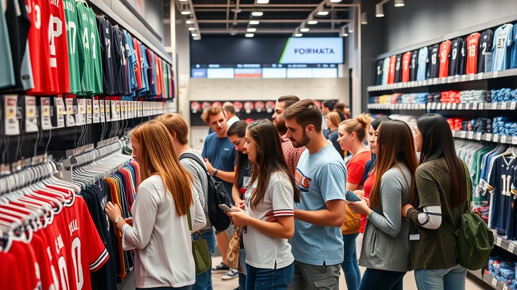 Diverse group of customers browsing sports merchandise on retail display shelves in modern sporting goods store, examining jerseys with interest, natural shopping environment, no visible signage